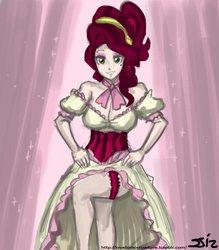 Size: 735x840 | Tagged: safe, artist:johnjoseco, color edit, edit, cherry jubilee, human, g4, breasts, busty cherry jubilee, cleavage, clothes, colored, dress, female, garter, humanized, solo