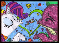 Size: 900x659 | Tagged: safe, artist:dracheholy, rarity, spike, dragon, pony, unicorn, g4, eyes closed, female, heart, interspecies, kissy face, male, mare, ship:sparity, shipping, straight