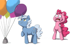Size: 600x395 | Tagged: safe, artist:feujenny07, pinkie pie, pokey pierce, earth pony, pony, unicorn, g4, balloon, balloon popping, bipedal, female, horrified, male, mare, party balloon, pure unfiltered evil, raised hoof, simple background, stallion, this will end in cupcakes, this will end in tears, weight, white background
