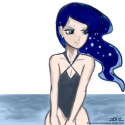 Size: 850x850 | Tagged: safe, artist:codaulux, artist:johnjoseco, princess luna, human, g4, clothes, female, humanized, one-piece swimsuit, sad, solo, swimsuit, water