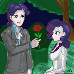 Size: 850x850 | Tagged: safe, artist:johnjoseco, rarity, human, g4, bench, duo, elusive, female, flower, humanized, male, rose, rule 63, self ponidox, selfcest, ship:rarilusive, shipping, straight