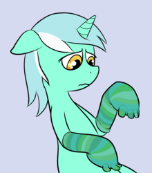 Size: 1057x1200 | Tagged: safe, artist:lowkey, lyra heartstrings, pony, unicorn, g4, clothes, female, floppy ears, mare, sad, simple background, socks, solo, striped socks, toe socks