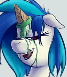 Size: 1387x1573 | Tagged: safe, artist:lowkey, dj pon-3, vinyl scratch, pony, unicorn, g4, bust, dropped ice cream, female, floppy ears, food, ice cream, ice cream cone, ice cream horn, licking, lidded eyes, mare, melting, solo, tongue out