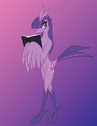 Size: 850x1100 | Tagged: safe, artist:thelonecrow, twilight sparkle, bird, phoenix, g4, birdified, book, female, gradient background, solo, species swap