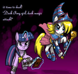 Size: 493x474 | Tagged: safe, artist:johnjoseco, twilight sparkle, pony, unicorn, g4, boots, clothes, cute, dark magician girl, duel disk, duo, duo female, female, mare, skirt, staff, yu-gi-oh!