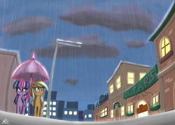 Size: 1400x1000 | Tagged: safe, artist:reikomuffin, applejack, twilight sparkle, earth pony, pony, unicorn, g4, angry, duo, duo female, female, frown, mare, rain, scenery, town, umbrella, walking