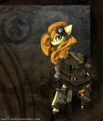 Size: 920x1084 | Tagged: safe, artist:nastylady, carrot top, golden harvest, earth pony, pony, g4, abstract background, clothes, female, goggles, hair over one eye, mare, smiling, smirk, solo, steampunk