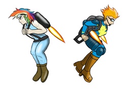 Size: 1289x903 | Tagged: safe, artist:jarntazecht, rainbow dash, spitfire, human, g4, bare knuckle, crossover, duo, duo female, female, goggles, humanized, jet, jetpack, simple background, streets of rage, white background