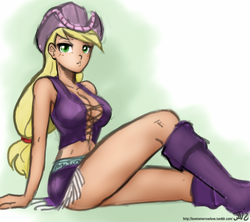 Size: 800x711 | Tagged: safe, artist:deeriojim, artist:johnjoseco, color edit, edit, applejack, human, g4, applebucking thighs, breasts, busty applejack, clothes, colored, cosplay, costume, crossover, female, gradient background, humanized, legs, nico robin, one piece, sitting, solo