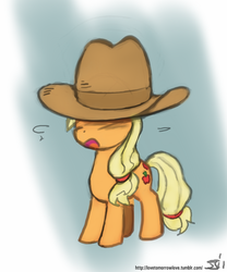 Size: 833x1000 | Tagged: safe, artist:deeriojim, artist:johnjoseco, applejack, earth pony, pony, g4, clothes, female, filly, foal, gradient background, hat, oversized clothes, oversized hat, signature, solo