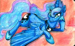Size: 1280x792 | Tagged: safe, artist:buttercupsaiyan, princess luna, alicorn, pony, g4, female, mare, prone, smiling, solo, traditional art, watercolor painting