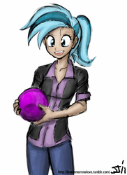 Size: 582x800 | Tagged: safe, artist:johnjoseco, artist:michos, allie way, human, g4, bowling ball, derp, female, humanized, smiling, solo