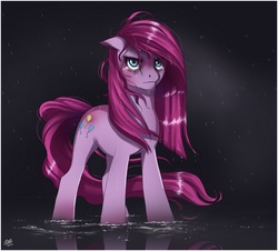Size: 964x870 | Tagged: dead source, safe, artist:ruhje, pinkie pie, earth pony, pony, g4, bags under eyes, crying, female, floppy ears, mare, pinkamena diane pie, sad, solo, water, wet mane