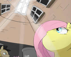 Size: 1280x1024 | Tagged: safe, artist:swomswom, fluttershy, oc, pegasus, pony, g4, crepuscular rays, female, hair over one eye, indoors, mare, window