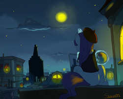 Size: 1280x1024 | Tagged: safe, artist:swomswom, rarity, pony, unicorn, g4, beatnik rarity, beret, city, clothes, female, france, hat, mare, moon, night, painting, paris, plein air, rear view, rooftop, scenery, sitting, solo
