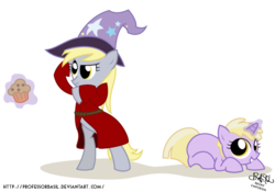 Size: 1000x700 | Tagged: safe, artist:professorbasil, derpy hooves, dinky hooves, pegasus, pony, unicorn, g4, bipedal, clothes, duo, female, filly, mare, robe, simple background, the great and powerful, transparent background