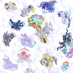 Size: 1024x1024 | Tagged: safe, artist:saturnspace, cloudchaser, daring do, derpy hooves, discord, doctor whooves, flitter, fluttershy, pinkie pie, princess cadance, princess luna, queen chrysalis, rainbow dash, rarity, scootaloo, star hunter, surprise, thunderlane, time turner, wild fire, alicorn, changeling, changeling queen, draconequus, earth pony, pegasus, pony, unicorn, ask discorded whooves, g1, g4, cloud, cloudy, discord whooves, female, g1 to g4, generation leap, glimmer wings, gossamer wings, jack harkness, male, mare, ponified, princess, s1 luna, stallion
