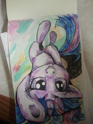 Size: 960x1280 | Tagged: safe, artist:buttercupsaiyan, twilight sparkle, pony, unicorn, g4, female, looking at you, mare, on back, smiling, solo, traditional art, watercolor painting