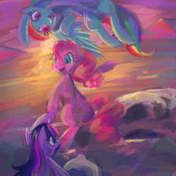 Size: 900x900 | Tagged: safe, artist:buttercupsaiyan, pinkie pie, rainbow dash, twilight sparkle, earth pony, pegasus, pony, unicorn, g4, female, flying, mare