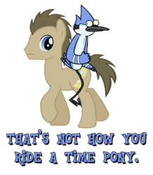 Size: 348x400 | Tagged: safe, artist:tenaflyviper, doctor whooves, time turner, earth pony, pony, g4, crossover, duo, duo male, male, mordecai, regular show, riding, simple background, stallion, transparent background