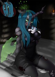 Size: 914x1280 | Tagged: safe, artist:shnider, queen chrysalis, shining armor, changeling, changeling queen, anthro, g4, bed, breasts, clothes, female, lingerie, male, plushie, ship:shining chrysalis, shipping, straight, stupid sexy chrysalis