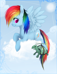 Size: 900x1162 | Tagged: safe, artist:imalou, rainbow dash, tank, pegasus, pony, g4, cloud, cloudy, duo, female, mare, prone, sky, smiling