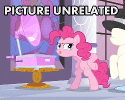 Size: 500x400 | Tagged: safe, edit, edited screencap, screencap, pinkie pie, earth pony, pony, a canterlot wedding, g4, season 2, animated, bipedal, caption, chicken dance, female, gif, gramophone, mare, picture unrelated, record player, solo, text, tongue out