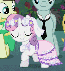 Size: 379x415 | Tagged: safe, screencap, bruce mane, cloud kicker, fine line, maxie, sweetie belle, pony, unicorn, a canterlot wedding, g4, animated, clothes, cute, dancing, diasweetes, female, filly, flower girl, gif, male, mare, solo focus, stallion