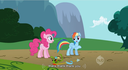 Size: 854x473 | Tagged: safe, screencap, pinkie pie, rainbow dash, earth pony, pegasus, pony, g4, griffon the brush off, season 1, duo, duo female, ei, female, hub logo, mare, youtube caption