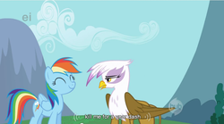 Size: 851x474 | Tagged: safe, edit, edited screencap, screencap, gilda, rainbow dash, griffon, pegasus, pony, g4, griffon the brush off, season 1, caption, duo, duo female, ei, female, hub logo, kill me, mare, smiling, text, youtube caption