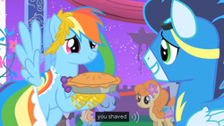 Size: 639x360 | Tagged: safe, edit, edited screencap, screencap, carrot top, diamond mint, golden harvest, rainbow dash, soarin', earth pony, pegasus, pony, unicorn, g4, the best night ever, caption, clothes, dress, female, funny, gala dress, goggles, male, mare, night, pie, shaved, stallion, uniform, wonderbolts uniform, youtube caption