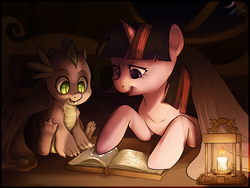 Size: 1600x1200 | Tagged: safe, artist:imalou, spike, twilight sparkle, dragon, pony, unicorn, g4, blanket, book, candle, cute, duo, female, lantern, male, mama twilight, mare, prone, reading