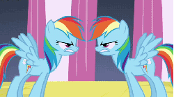 Size: 480x270 | Tagged: safe, screencap, rainbow dash, changeling, pegasus, pony, a canterlot wedding, g4, season 2, animated, disguise, disguised changeling, duality, duo, female, gif, mare