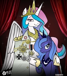 Size: 656x752 | Tagged: dead source, safe, artist:wolfjedisamuel, princess celestia, princess luna, alicorn, pony, g4, bust, clothes, duo, duo female, female, german, germany, looking at you, mare, princess, profile, s1 luna, uniform