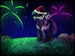 Size: 1600x1200 | Tagged: safe, artist:imalou, spike, twilight sparkle, dragon, pony, unicorn, g4, christmas, dragons riding ponies, duo, female, fireworks, grass, hat, male, mare, moon, night, riding, santa hat, smiling, spike riding twilight, stars