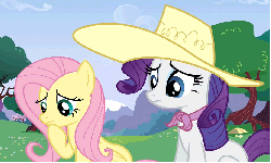 Size: 833x500 | Tagged: safe, screencap, fluttershy, rarity, pegasus, pony, unicorn, a canterlot wedding, g4, season 2, animated, female, gif, hat, looking at each other, mare, sitting, worried