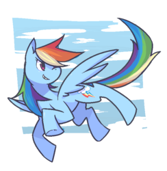 Size: 647x662 | Tagged: safe, artist:9aia, rainbow dash, pegasus, pony, g4, female, flying, grin, looking back, mare, sky, smiling, solo