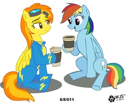 Size: 785x635 | Tagged: safe, artist:wolfjedisamuel, rainbow dash, spitfire, pegasus, pony, g4, coffee, coffee cup, cup, duo, duo female, female, goggles, mare, simple background, sitting, smiling, wonderbolts uniform