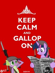 Size: 803x1071 | Tagged: safe, artist:wolfjedisamuel, spike, twilight sparkle, dragon, pony, unicorn, g4, bayonet, blackletter, female, gun, helmet, keep calm and carry on, lauren faust, male, mare, newspaper, propaganda, rifle, salute, weapon, world war ii