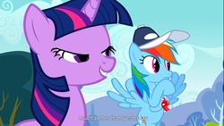 Size: 1366x768 | Tagged: safe, screencap, rainbow dash, twilight sparkle, pegasus, pony, unicorn, g4, hurricane fluttershy, coach rainbow dash, duo, duo female, female, hat, lidded eyes, mare, rainbow dashs coaching whistle, whistle, whistle necklace, youtube caption