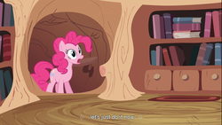 Size: 1366x768 | Tagged: safe, screencap, pinkie pie, earth pony, pony, g4, it's about time, my little pony: friendship is magic, caption win, female, golden oaks library, library, mare, solo, wide eyes, youtube caption