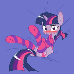 Size: 1000x1000 | Tagged: safe, artist:no-ink, twilight sparkle, pony, unicorn, g4, blushing, clothes, female, looking at you, mare, on back, socks, solo, spread legs, spreading, striped socks