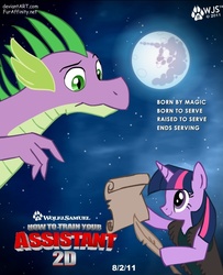 Size: 614x758 | Tagged: safe, artist:wolfjedisamuel, spike, twilight sparkle, dragon, pony, unicorn, g4, crossover, dreamworks, duo, female, how to train your dragon, male, mare, mare in the moon, moon, movie poster, older, parody, quill