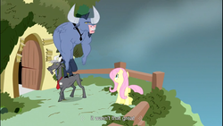 Size: 1366x768 | Tagged: safe, screencap, fluttershy, iron will, goat, minotaur, pegasus, pony, g4, putting your hoof down, butt, female, fluttershy's cottage, male, mare, plot, youtube caption