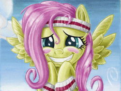 Size: 640x480 | Tagged: safe, artist:the-wizard-of-art, fluttershy, pegasus, pony, g4, hurricane fluttershy, armband, blushing, cloud, cute, female, flying, grin, headband, mare, scene interpretation, shyabetes, sky, smiling, solo, squee, sweatband, traditional art, watercolor painting, wristband