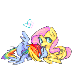 Size: 500x500 | Tagged: safe, artist:butterfly-pants, fluttershy, rainbow dash, pegasus, pony, g4, female, heart, lesbian, lying down, mare, oekaki, on side, prone, ship:flutterdash, shipping, simple background