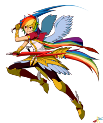 Size: 898x1065 | Tagged: safe, artist:poobuttface, artist:radiostarkiller, rainbow dash, human, g4, eared humanization, female, humanized, shoes of hermes, simple background, solo, sword, tailed humanization, transparent background, weapon, winged humanization, winged shoes