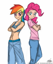 Size: 659x800 | Tagged: safe, artist:johnjoseco, pinkie pie, rainbow dash, human, g4, belly button, clothes, crossed arms, duo, duo female, female, humanized, looking at you, midriff, sports bra