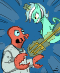 Size: 659x800 | Tagged: safe, artist:johnjoseco, lyra heartstrings, sea pony, g4, abstract background, crossover, duo, female, futurama, male, ocean, seapony lyra, shoo be doo, swimming, trident, underwater, water, zoidberg