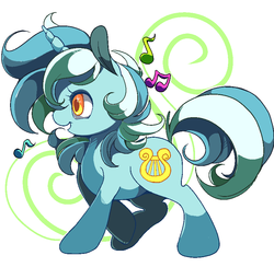 Size: 850x831 | Tagged: safe, artist:sugaryrainbow, lyra heartstrings, pony, unicorn, g4, abstract background, female, mare, music notes, solo